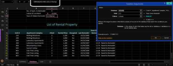 C10 x vDMAX(A15:H65,G15,Criteria) Function Arguments i3 Database A15:H65 -runit ,Apartment Complex,ウB. Value of Lost Rent