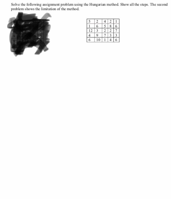 Solve the following assignment problem using the Hungarian method. Show all the teps. The second problem shows the limitation