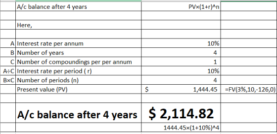 A/c balance after 4 years PVx(1+r)An Here, AlInterest rate per annum 10% BNumber of years CNumber of compoundings per per ann