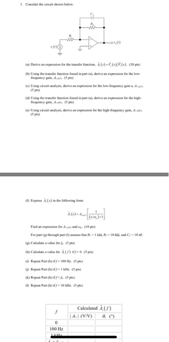 L Consider the circuit shown below by Using the traar fanction found in pat (ak derive an cxpression for the ow c) Using circ