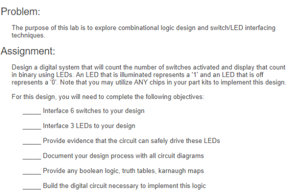Problem: The purpose of this lab is to explore combinational logic design and switch/LED interfacing techniques Assignment: D