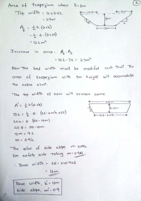 2 Avea of trapeium whem h 6m Top uoidh2+512 12m om 29… 会ニ尘h (ath) Inerease in orea A, As Now-the bed width must be modified s