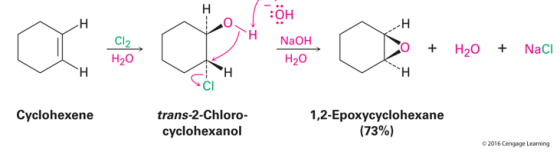 H OH H H Cl2 NaOH NaCl H20 H2о H20 H H H CI Cyclohexene trans-2-Chloro- 1,2-Epoxycyclohexane (73%) cyclohexanol 02016 Cengage