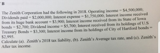 The Zenith Corporation had the following in 2018. Operating income $4,500,000; Dividends paid $2,000,000; Interest expense $1