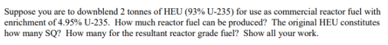 Suppose you are to downblend 2 tonnes of HEU (93% U-235) for use as commercial reactor fuel with enrichment of 4.95% U-235. H