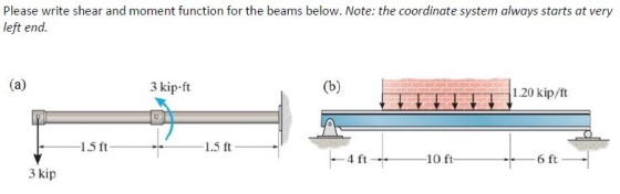Please write shear and moment function for the beams below. Note: the coordinate system always starts at very left end. 3 kip