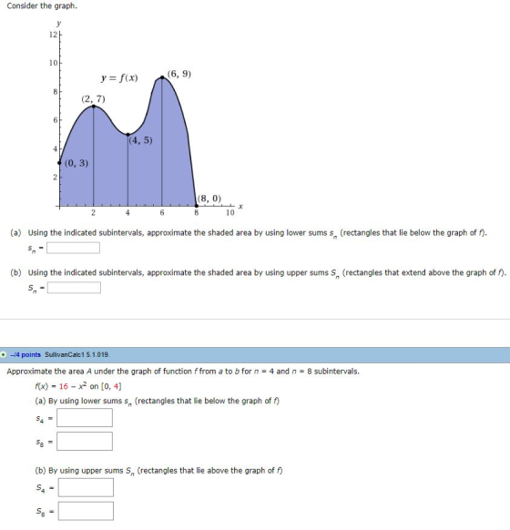 Consider the graph 12 10 6, 9) y-f(x 8 (2, 7) (4, 5) (0, 3) (8, 0) 10 (a) Using the indicated subintervals, approximate the s