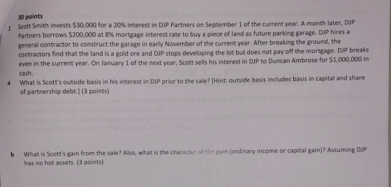 30 points Scott Smith invests $30,000 for a 20% interest in DJP Partners on September 1 of the current year. A month later, D