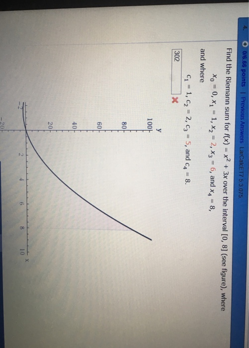4 0/6.66 points | Previous Answers LarCalcET7 5.3.075 Find the Riemann sum for f(x) x2 +3x over the interval [0, 8] see figur