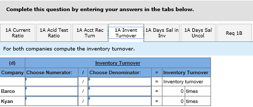 Complete this question by entering your answers in the tabs below. 1A Current 1A Acid Test 1A Acct Rc1A Invent 1 Days Sal in