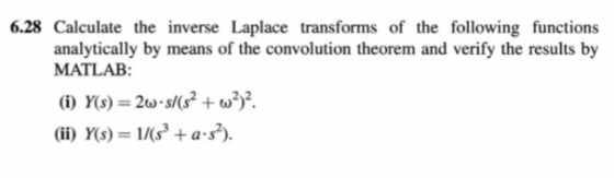 6.28 Calculate the inverse Laplace transforms of the following functions analytically by means of the convolution theorem and