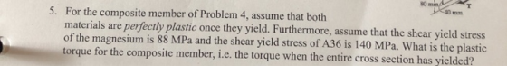 80 mm4 40 mm 5. For the composite member of Problem 4, assume that both materials are perfectly plastic once they yield. Furt