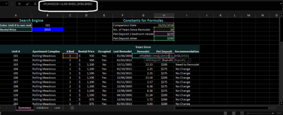 0 Search Engine Constants for Formulas Enter Unit # to see rent Comparison Date No. of Years Since Remodel Pet Deposit 2 bedr