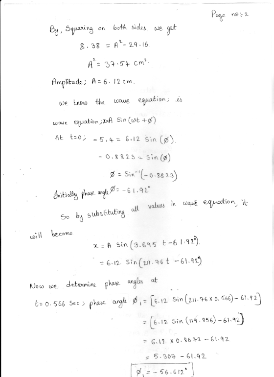 c8e Squaring on botk sides As 8.38A- 2.16 A tie Amplituda, A-6 . 1 2 cm uwe equation A Sin (wt) At t-o, -5.4= 6.12 Sin (RS O.