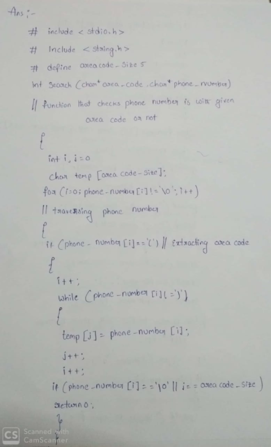 ns include < stdio.h > # Include <stsina.h> define area code-Size 5 int Seosch Cchan aea code chn phone rvomber) 17.punction