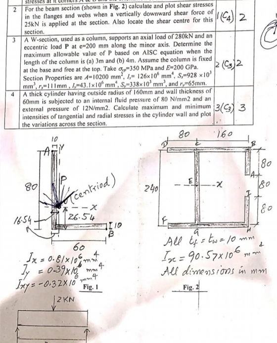 stresses at it cornics A 2 For the beam section (shown in Fig. 2) calculate and plot shear stresses in the flanges and webs w