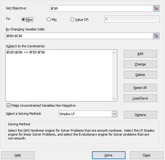 Set Objective SF$9 Value Of: By Changing Variable Cells: $B$9:$C$9 Subject to the Constraints: Add Change Delete Reset All Lo