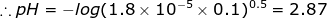 =-log(1.8 x 105 x 0.1)0.5 = 2.87 pH