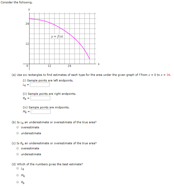 Consider the following. y 24 y = f(x 12 Y 24 12 (a) Use six rectangles to find estimates of each type for the area under the