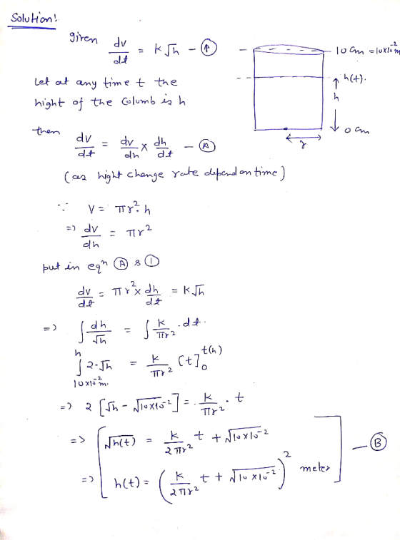 Solu Hon givem dv Let any time t the h(4) hight of the h dpond on hime 2 2 k .dt th) 2. TTr 2.