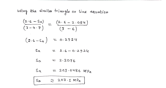 usìuq the ciwila tiaugle or üu equation (3-4-?) 3 -6 2.6 - Sao = 2.6-0.2924 2.3076 cl = 203.0486 MPa ~ 203 . 1 MPa よ