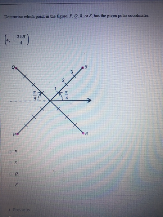 Determine which point in the figure, P. Q, R, or S, has the given polar coordinates. (-35) 25m 4 s Previous