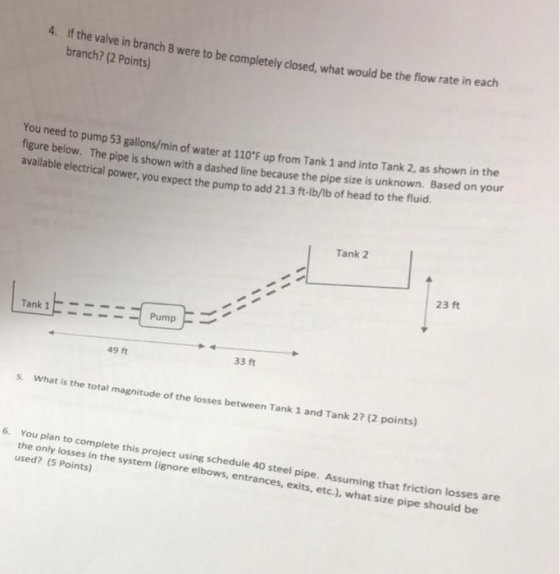 4. If the valve in branch B were to be completely closed, what would be the flow rate in each branch? (2 Points) ou need to p