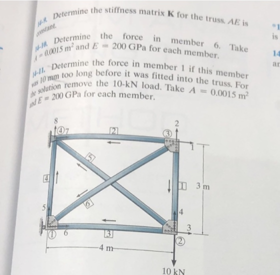 nine the stiffness matrix K for the truss. AE is nnstant l Determine ine the force in member 6. Take Dt andE200 GPa for each