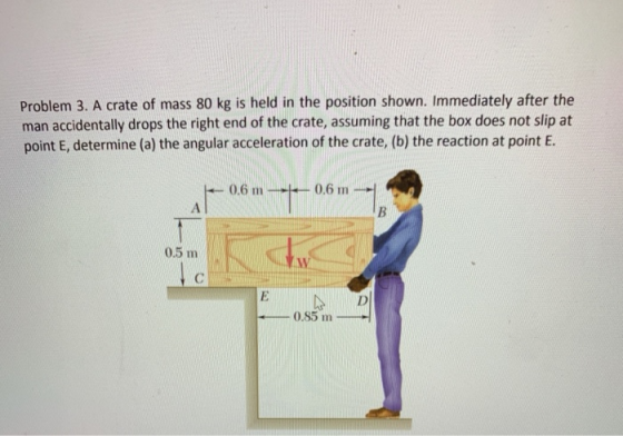 Problem 3. A crate of mass 80 kg is held in the position shown. Immediately after the man accidentally drops the right end of
