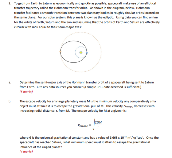 2. To get from Earth to Saturn as economically and quickly as possible, spacecraft make use of an elliptical transfer traject
