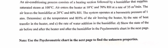 supplies An air-conditioning process consists of a heating section followed by a humidifier that saturated steam at 100°C. Ai