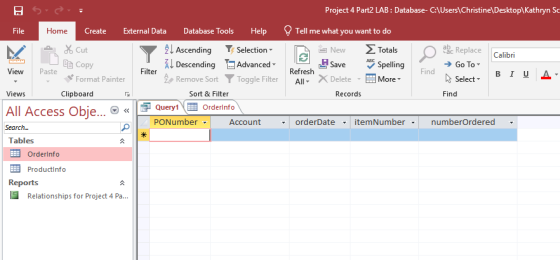 Project 4 Part2 LAB: Database- CAUsers\Christinel DesktoplKathryn Sc Create External DataDatabase Tools Help Tell me what you