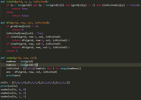 def isSafe(grid, x, y, isVisited): if (x 〈 len (grid)) and (y 〈 len(grid[0])) and (grid[x][y]-1) and (îsVisited [x][y] False)