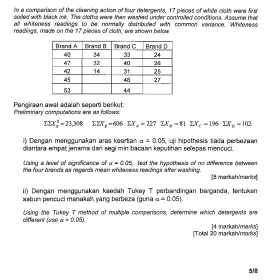 In a comparison of the cleaning action of four detergents, 17 pieces of white cloth were first soiled with black ink. The clo