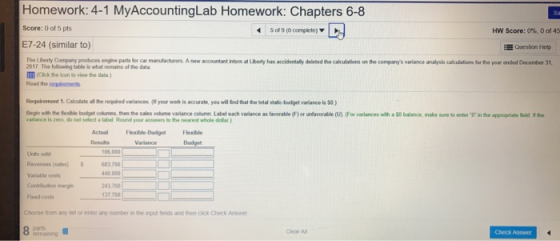 Homework: 4-1 MyAccountingLab Homework: Chapters 6-8 Score: 0 of 5 pts HW Score: 0% 0 of 45 E7-24 (similar to) İ Question Hel