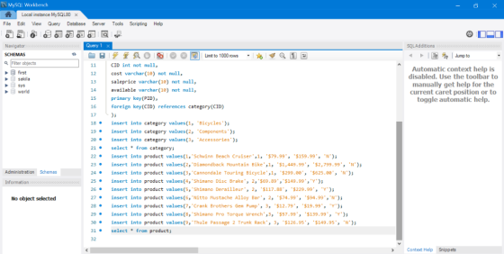MySQl Workbench Local instance MySQL80 × File Edit View Query Database Server Tools Scripting Help Query 1 x Navigator SCHEMA