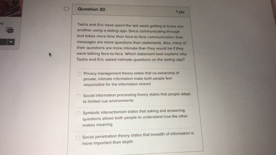 Question 30 pts Tasha and Eric have spent the last week getting to know one another using a dating app. Since communicating t