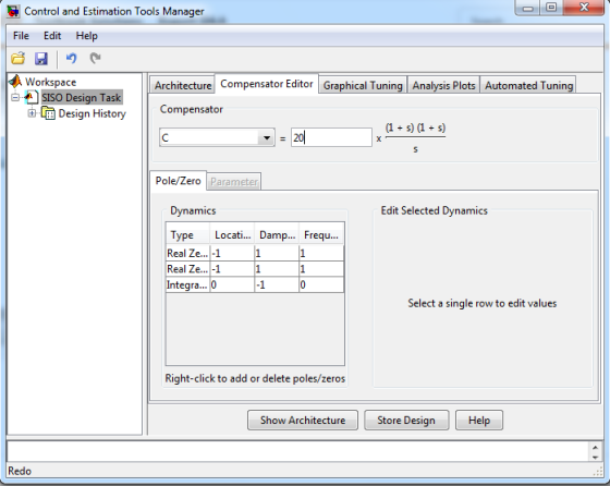Control and Estimation Tools Manager File Edit Help Workspace Architecture Compensator Editor Graphical Tuning Analysis Plots