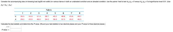 Consider the accompanying data on breaking load kg 25 mm width for various fabrics in both an unabraded condition and an abra