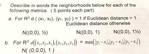 Describe in words the neighborhoods below for each of the following metrics. ( 5 points each part) a. For R2 d ( (x1, X2), (Y