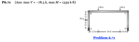 (Ans: max V=-78.5 k, max M = 1339 kft) P6.71 80 k 13 50 k 30ft 10 ft Problem 6.71