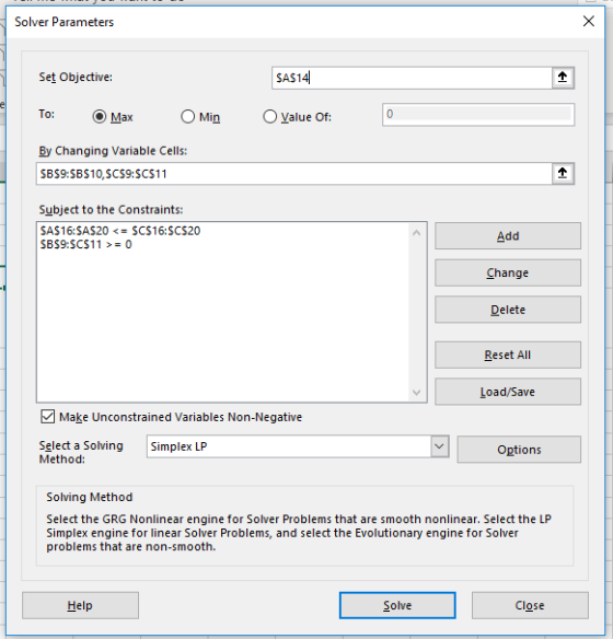 Solver Parameters Set Objective SAS14 To: ⓔMax OMin。Value Of: By Changing aiable Cells: SBS9:SBS10,scs9:SCS11 Subject to the