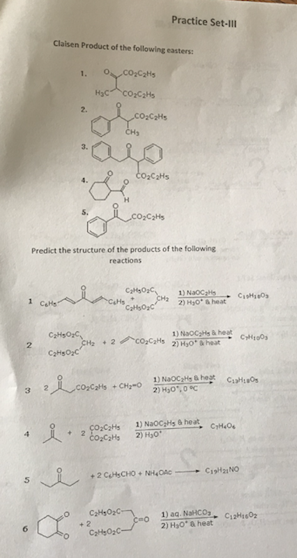 Practice Set-Il1 Claisen Product of the following easters: 2. co2C2Hs CH3 3. 02C2Hs Predict the structure of the products of