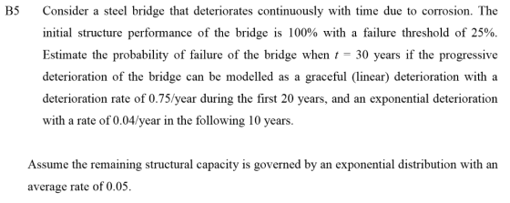 B5 Consider a steel bridge that deteriorates continuously with time due to corrosion. The initial structure performance of th