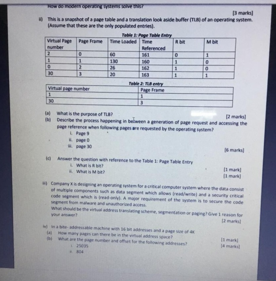 How do modern operating systems solve this? [3 marks] i) This is a snapshot of a page table and a translation look aside buff