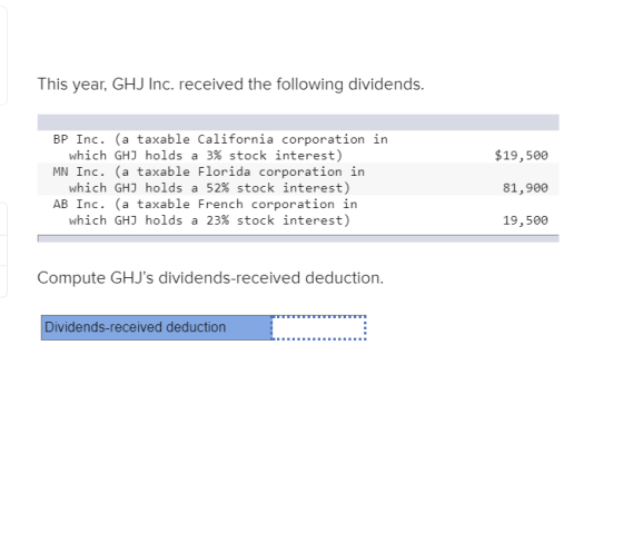 This year, GHJ Inc. received the following dividends. BP Inc. (a taxable California corporation in which GHI holds a 3% stock