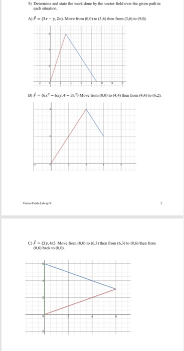 5) Determine and state the work done by the vactor ficld over the given pathin each situation A) F (3x -y,2x). Move from (0,0