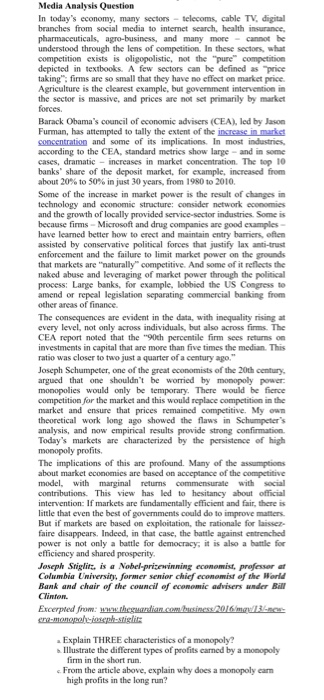 Media Analysis Question In todays economy, many sectors telecoms, cable TV, digital branches from social media to internet s