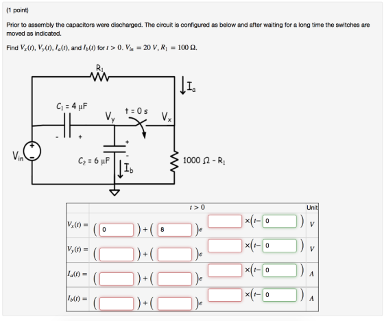 (1 point) Prior to assembly the capacitors were discharged. The circuit is configured as below and after waiting for a long t