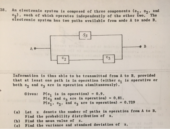 28. An electronic system is composed of three components (o1. 92, and o), each of which operates independently of the other t